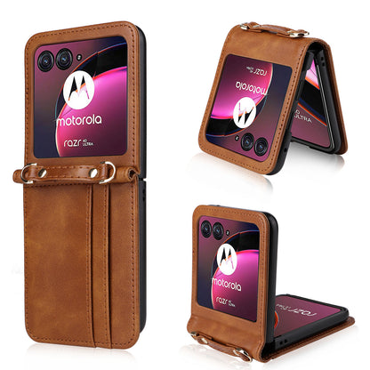 For Motorola Razr 40 Ultra 5G Hard PC + PU Leather Cover One-piece Design Card Slots Phone Case with Lanyard