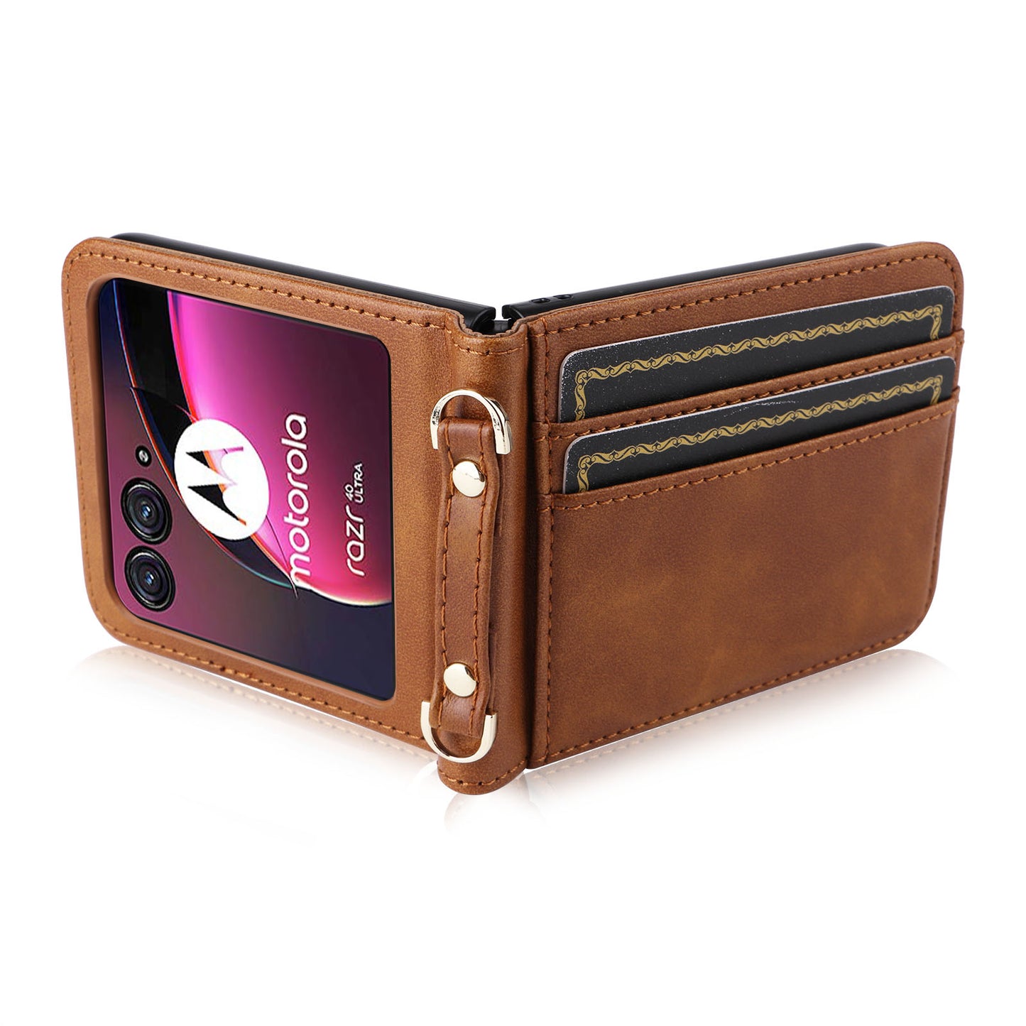 For Motorola Razr 40 Ultra 5G Hard PC + PU Leather Cover One-piece Design Card Slots Phone Case with Lanyard