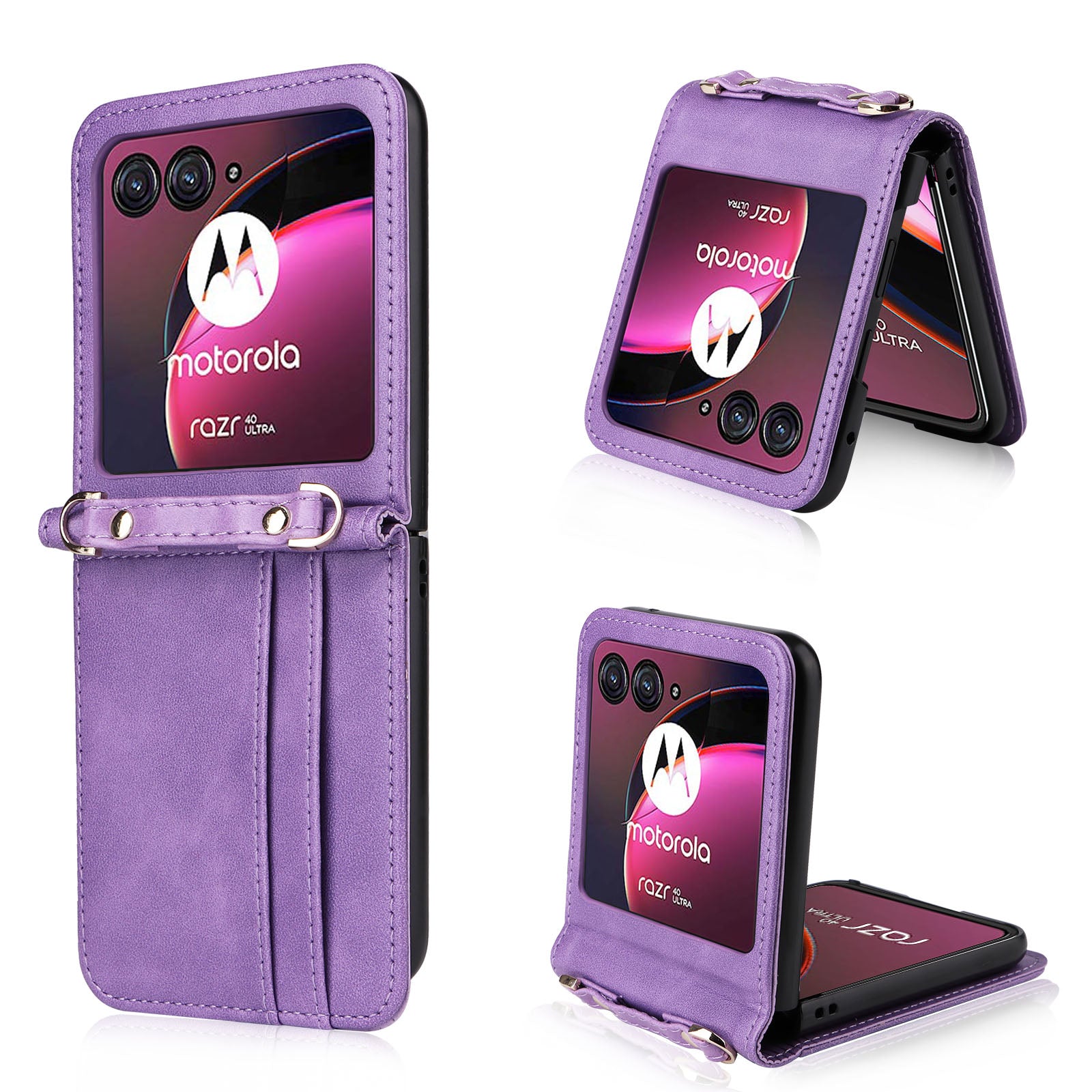 For Motorola Razr 40 Ultra 5G Hard PC + PU Leather Cover One-piece Design Card Slots Phone Case with Lanyard