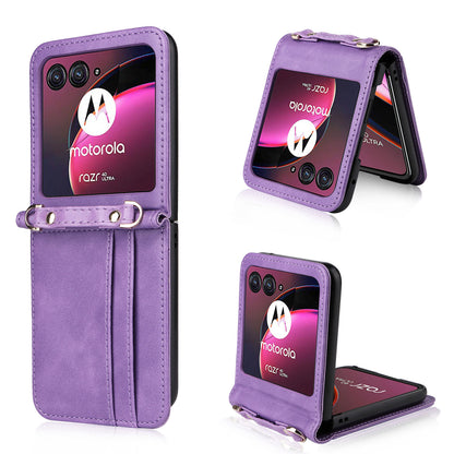 For Motorola Razr 40 Ultra 5G Hard PC + PU Leather Cover One-piece Design Card Slots Phone Case with Lanyard
