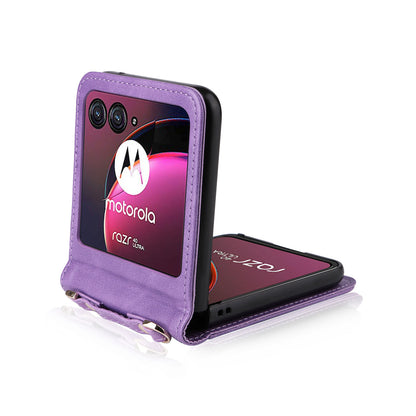 For Motorola Razr 40 Ultra 5G Hard PC + PU Leather Cover One-piece Design Card Slots Phone Case with Lanyard