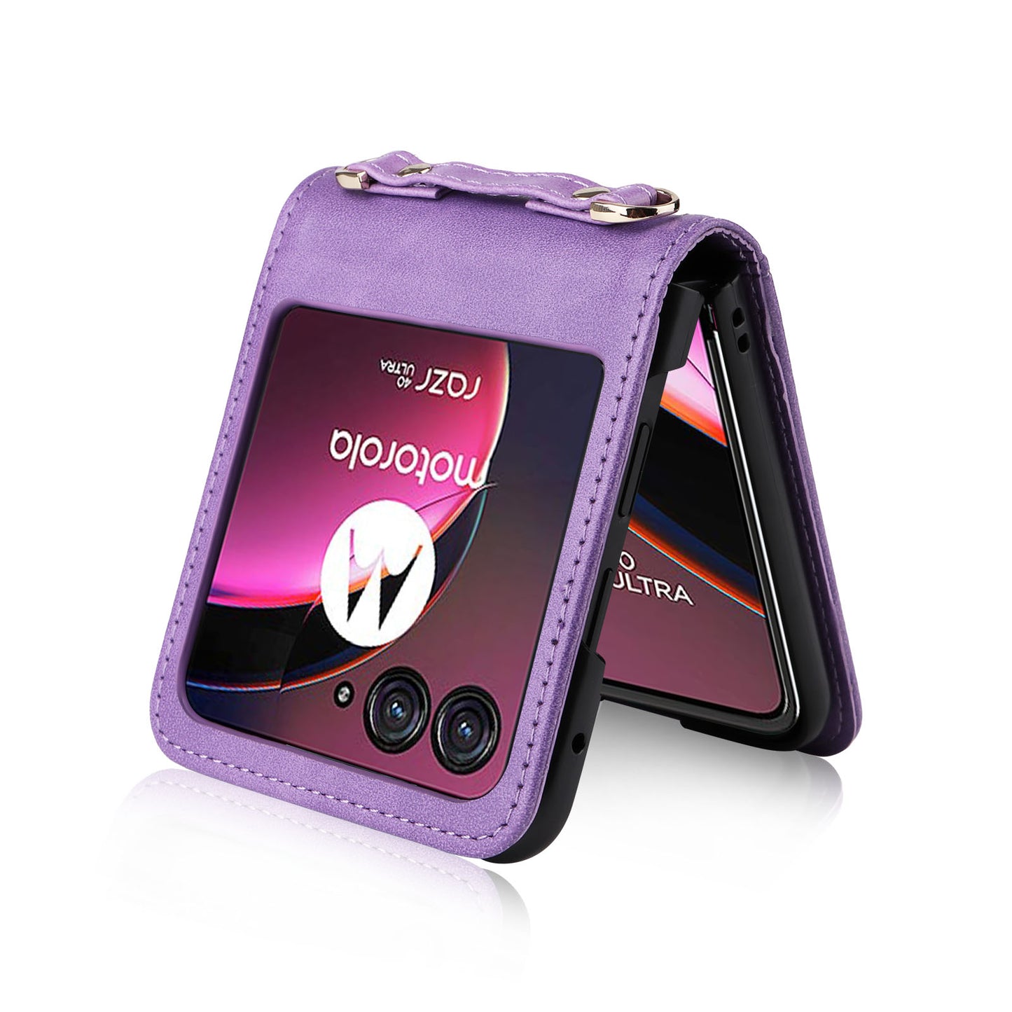 For Motorola Razr 40 Ultra 5G Hard PC + PU Leather Cover One-piece Design Card Slots Phone Case with Lanyard