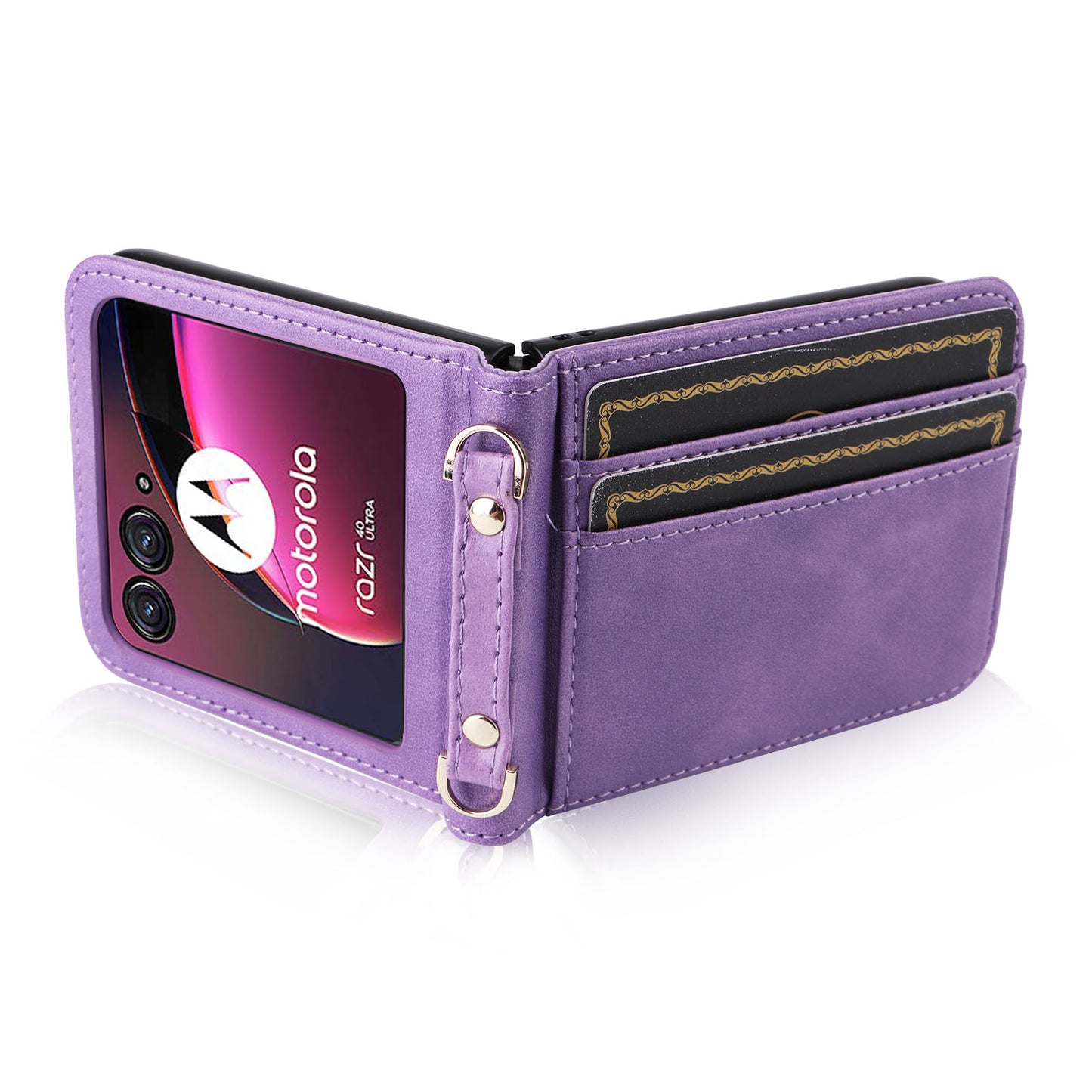 For Motorola Razr 40 Ultra 5G Hard PC + PU Leather Cover One-piece Design Card Slots Phone Case with Lanyard