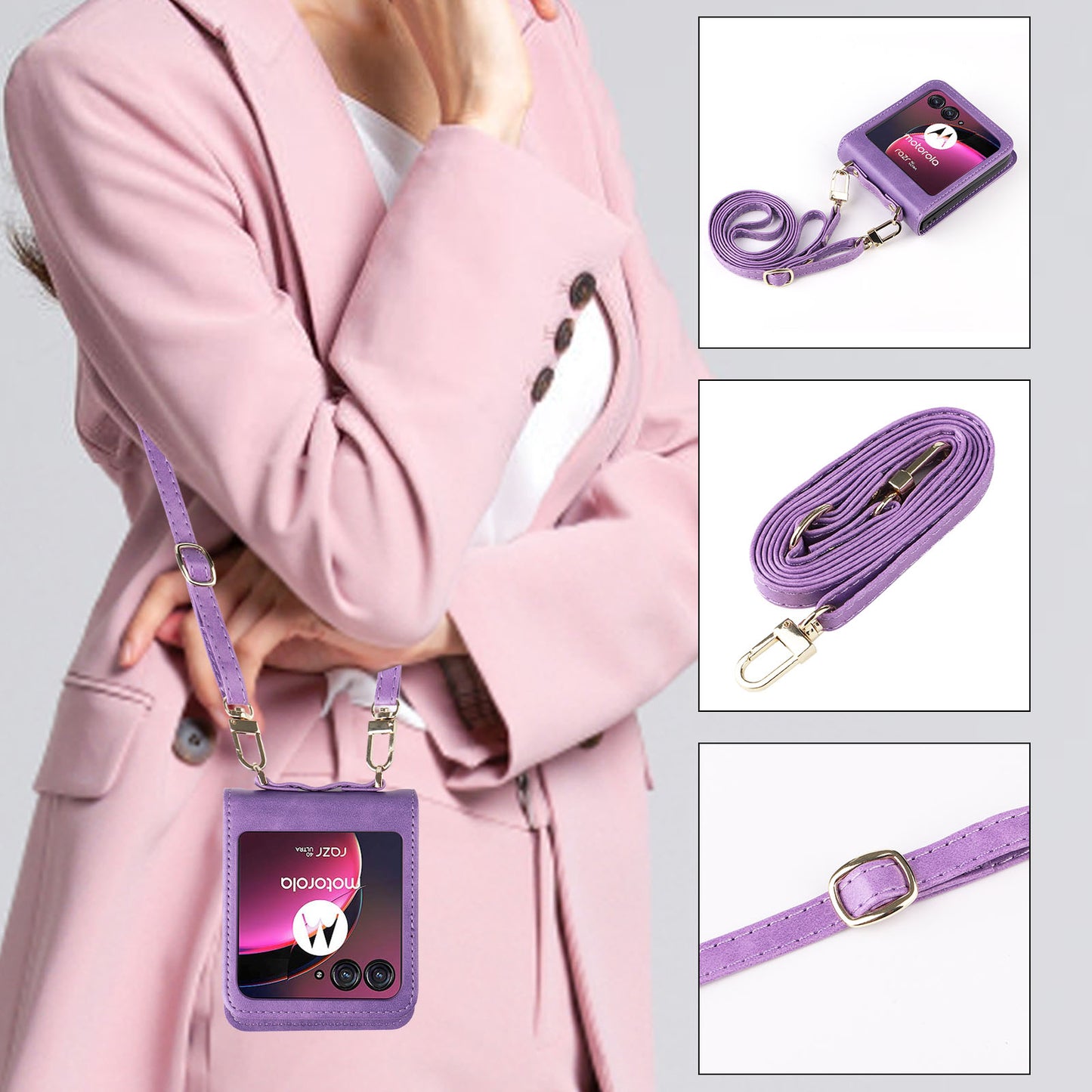 For Motorola Razr 40 Ultra 5G Hard PC + PU Leather Cover One-piece Design Card Slots Phone Case with Lanyard
