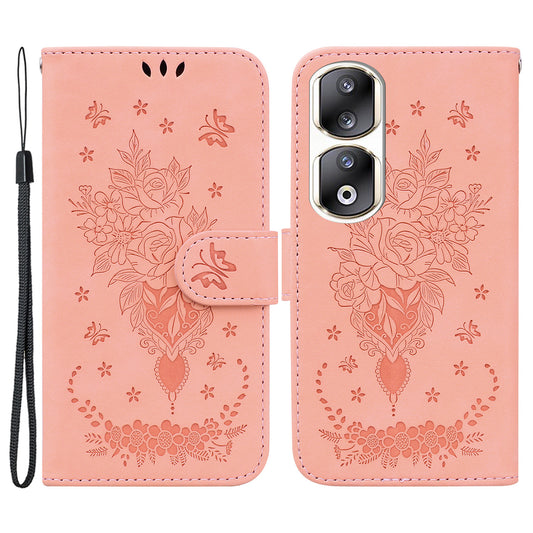 For Honor 90 Pro Shockproof Phone Shell Rose Butterfly Imprinted Wallet Phone Case PU Leather Flip Cover