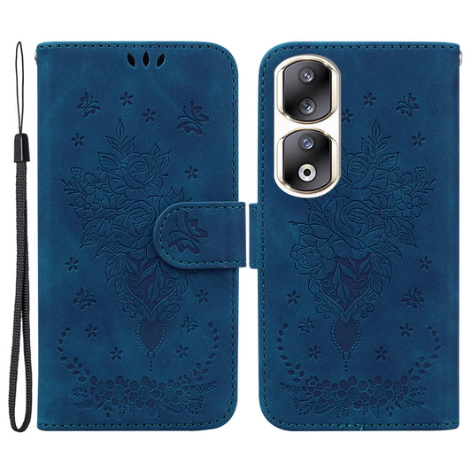 For Honor 90 Pro Shockproof Phone Shell Rose Butterfly Imprinted Wallet Phone Case PU Leather Flip Cover