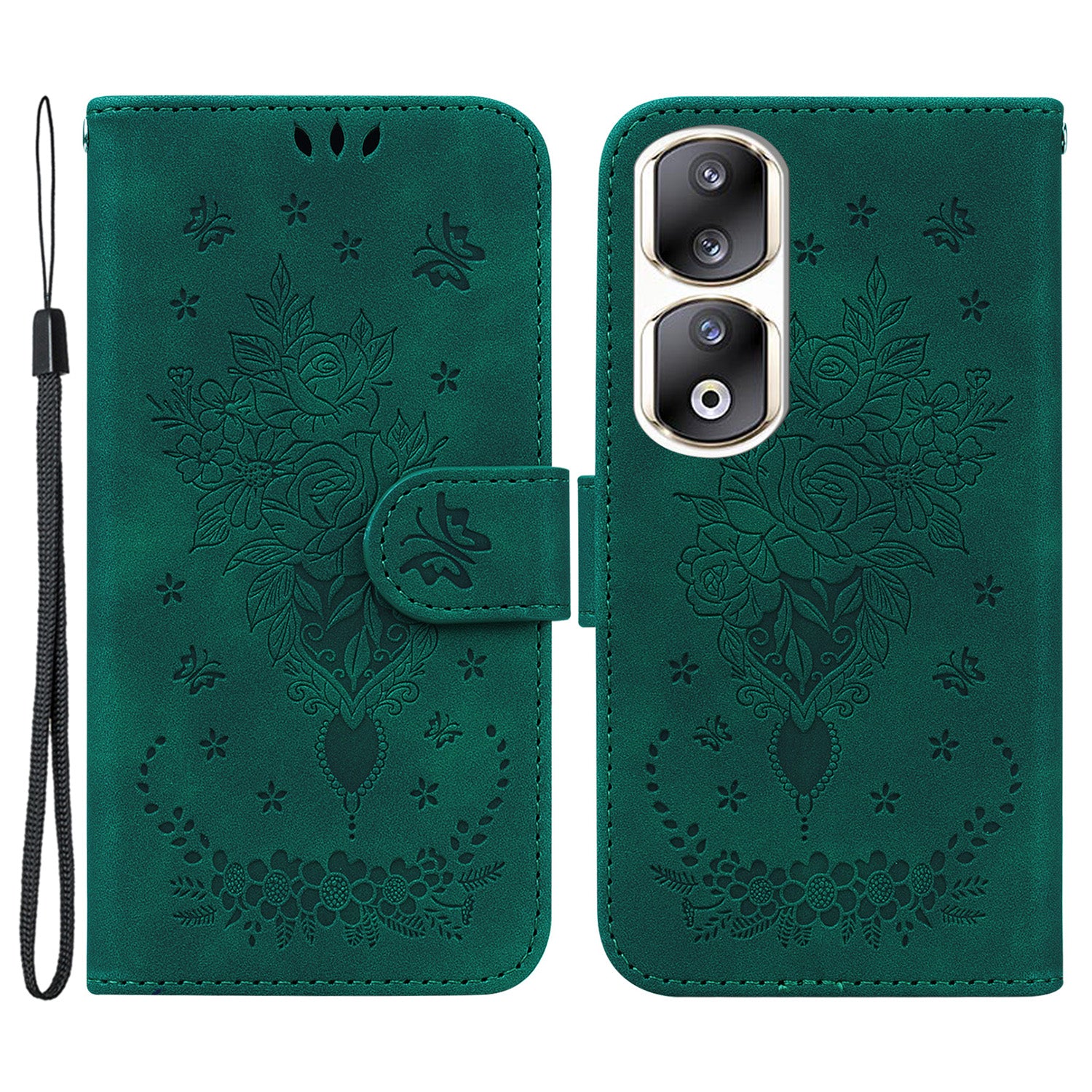 For Honor 90 Pro Shockproof Phone Shell Rose Butterfly Imprinted Wallet Phone Case PU Leather Flip Cover