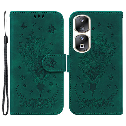 For Honor 90 Pro Shockproof Phone Shell Rose Butterfly Imprinted Wallet Phone Case PU Leather Flip Cover
