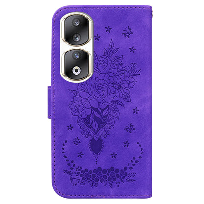 For Honor 90 Pro Shockproof Phone Shell Rose Butterfly Imprinted Wallet Phone Case PU Leather Flip Cover