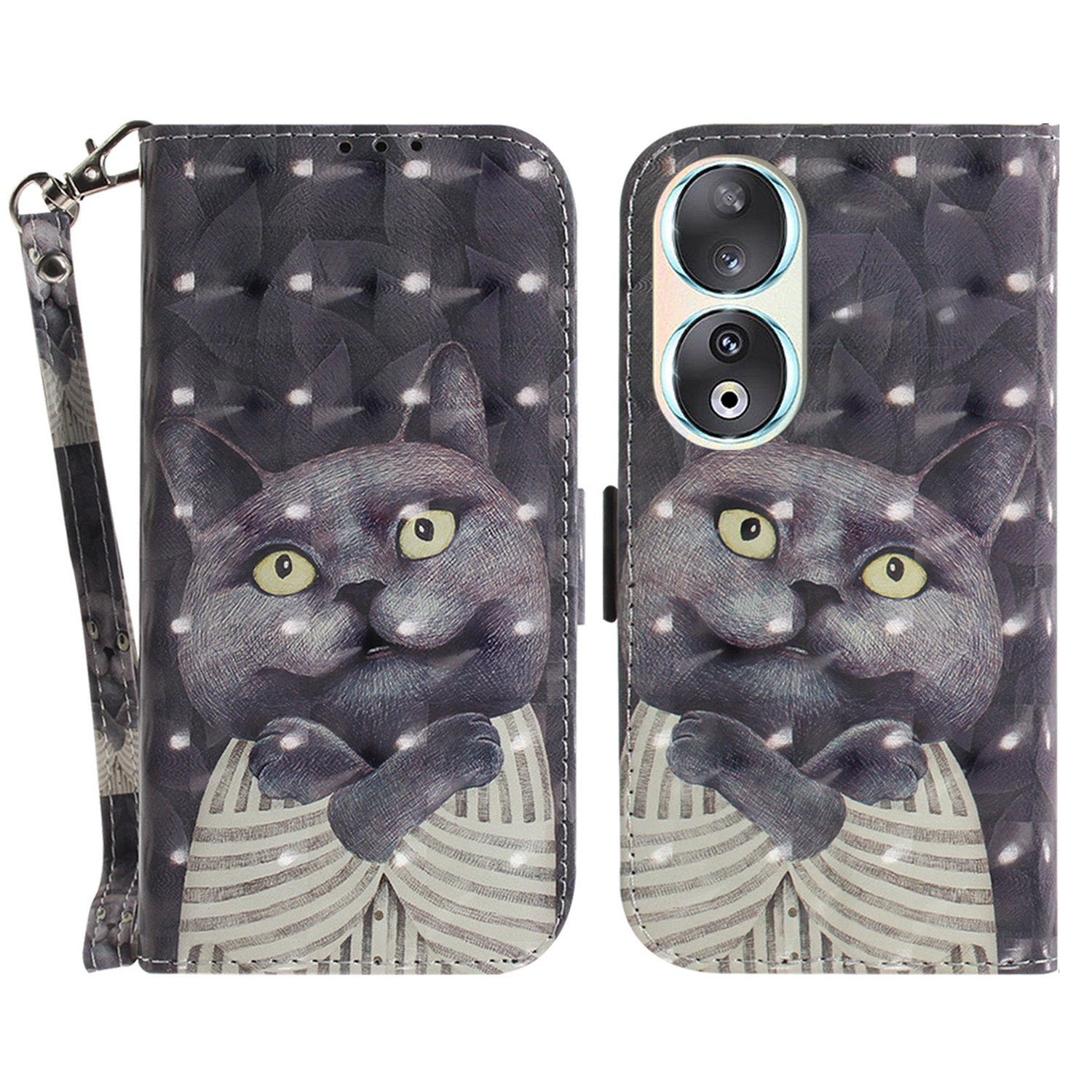 For Honor 90 PU Leather 3D Pattern Printed Phone Case Stand Wallet Drop-proof Cover with Strap