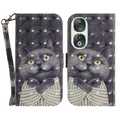 For Honor 90 PU Leather 3D Pattern Printed Phone Case Stand Wallet Drop-proof Cover with Strap