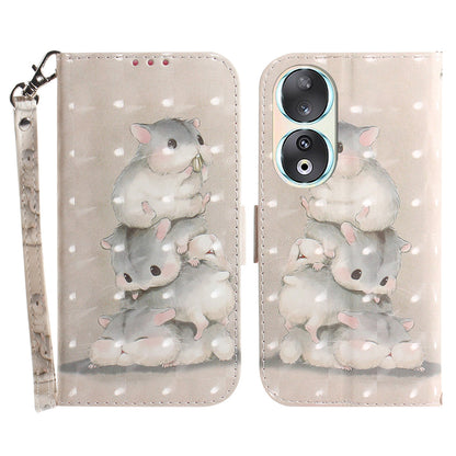 For Honor 90 PU Leather 3D Pattern Printed Phone Case Stand Wallet Drop-proof Cover with Strap