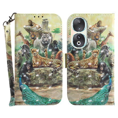 For Honor 90 PU Leather 3D Pattern Printed Phone Case Stand Wallet Drop-proof Cover with Strap