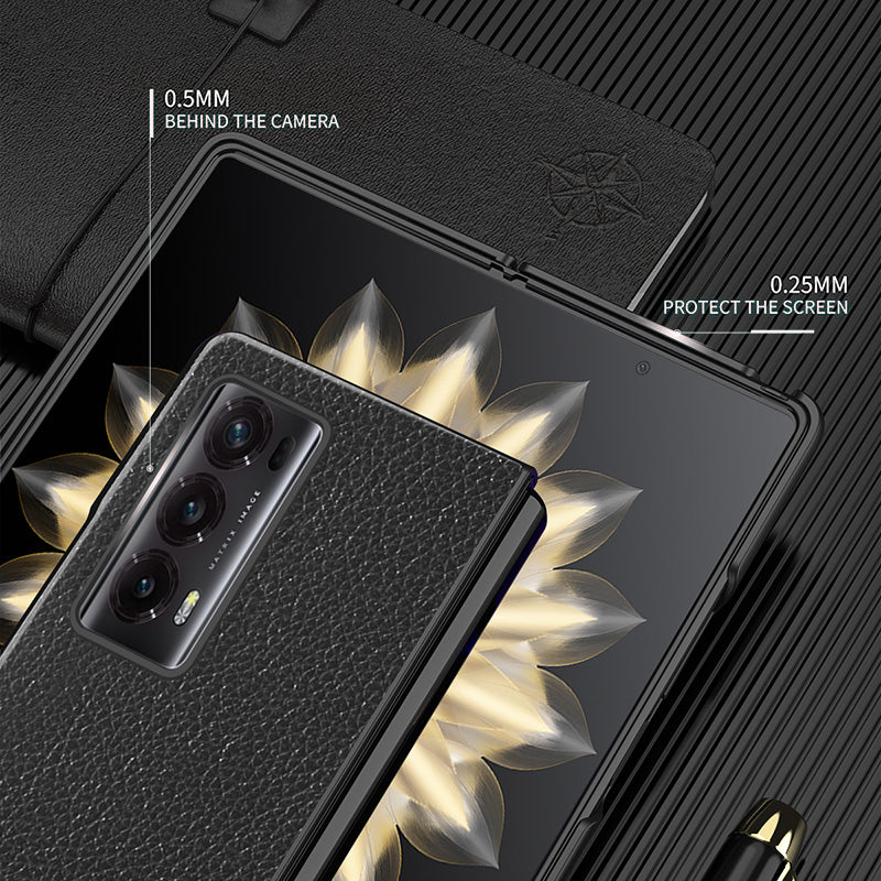 For Honor Magic V2 5G PU Leather Coated PC Phone Case Litchi Texture Rubberized Shockproof Cover