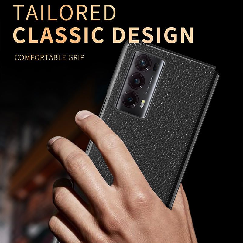For Honor Magic V2 5G PU Leather Coated PC Phone Case Litchi Texture Rubberized Shockproof Cover