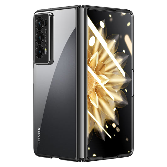 For Honor Magic V2 5G Clear Phone Case Electroplating PC Phone Cover with Tempered Glass Film (Support Fingerprint Unlock)