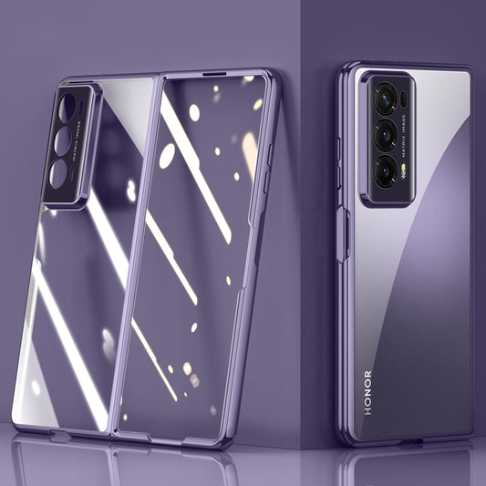 For Honor Magic V2 5G Clear Phone Case Electroplating PC Phone Cover with Tempered Glass Film (Support Fingerprint Unlock)