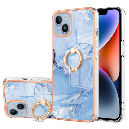 YB IMD Series-17 Style-E Ring Kickstand Phone Case for iPhone 15 , Marble Pattern IMD 2.0mm TPU Electroplating Cover