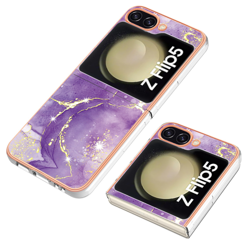 YB IMD Series-2 Electroplated Edge Phone Case for Samsung Galaxy Z Flip5 5G , Soft TPU Marble Pattern IMD Cover