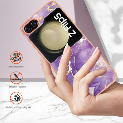 YB IMD Series-2 Electroplated Edge Phone Case for Samsung Galaxy Z Flip5 5G , Soft TPU Marble Pattern IMD Cover