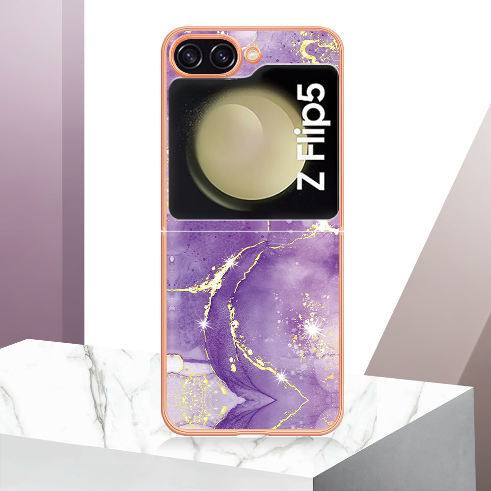 YB IMD Series-2 Electroplated Edge Phone Case for Samsung Galaxy Z Flip5 5G , Soft TPU Marble Pattern IMD Cover