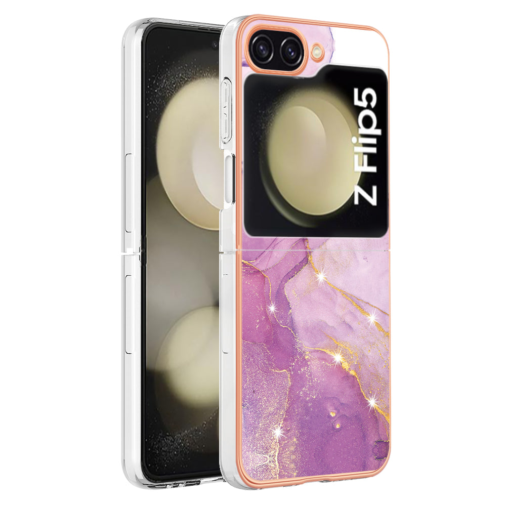 YB IMD Series-2 Electroplated Edge Phone Case for Samsung Galaxy Z Flip5 5G , Soft TPU Marble Pattern IMD Cover