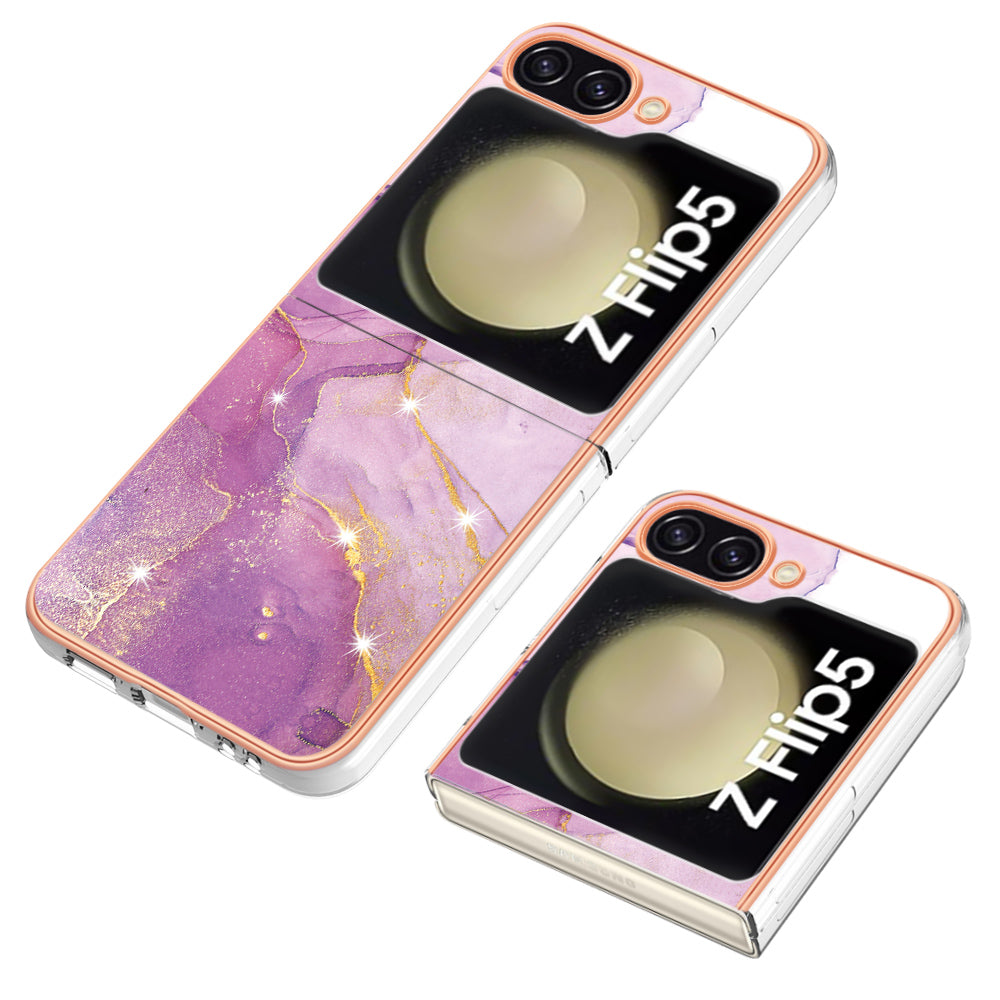 YB IMD Series-2 Electroplated Edge Phone Case for Samsung Galaxy Z Flip5 5G , Soft TPU Marble Pattern IMD Cover