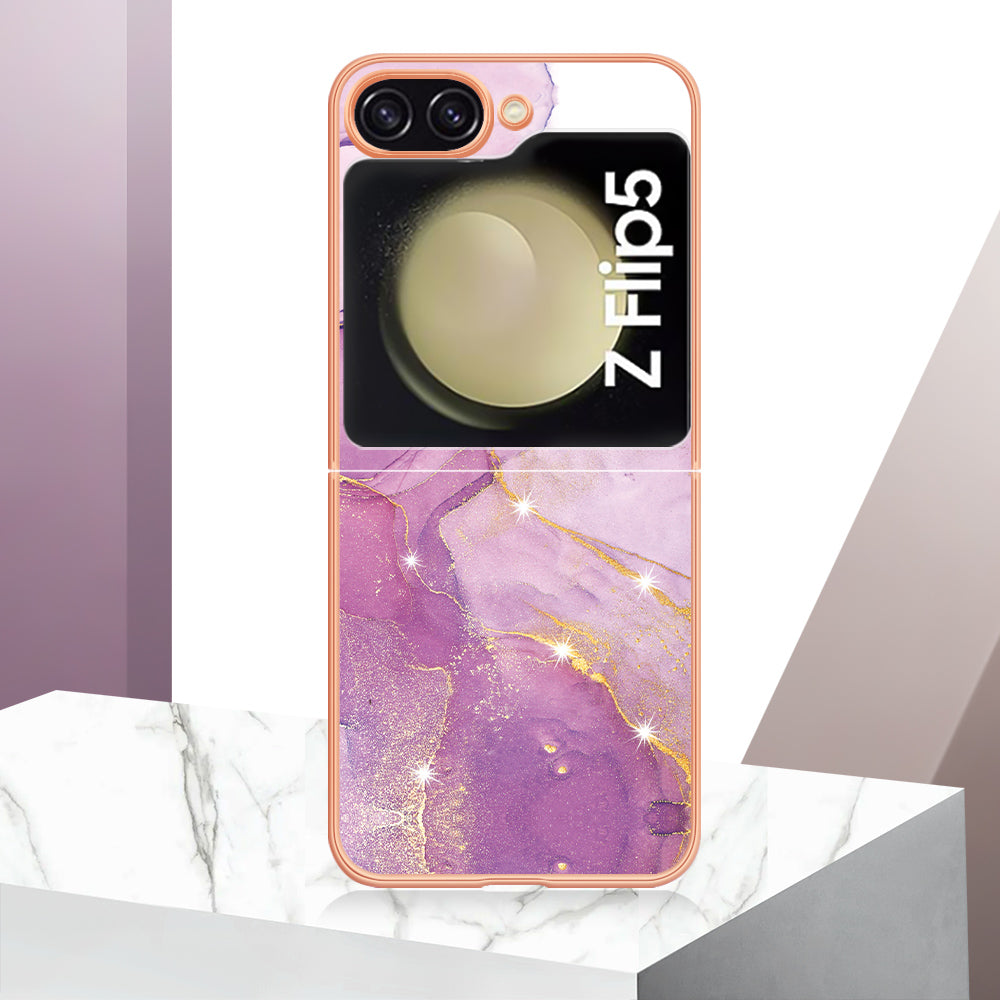 YB IMD Series-2 Electroplated Edge Phone Case for Samsung Galaxy Z Flip5 5G , Soft TPU Marble Pattern IMD Cover