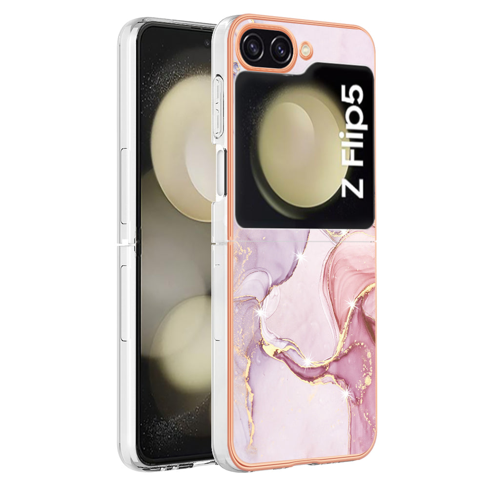 YB IMD Series-2 Electroplated Edge Phone Case for Samsung Galaxy Z Flip5 5G , Soft TPU Marble Pattern IMD Cover