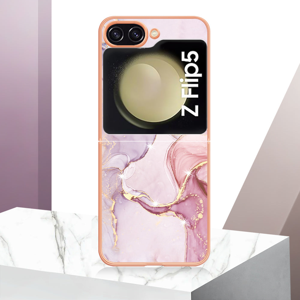 YB IMD Series-2 Electroplated Edge Phone Case for Samsung Galaxy Z Flip5 5G , Soft TPU Marble Pattern IMD Cover