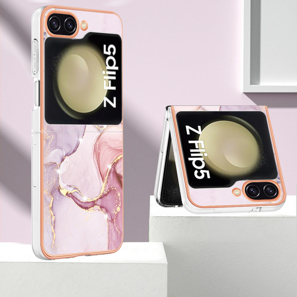 YB IMD Series-2 Electroplated Edge Phone Case for Samsung Galaxy Z Flip5 5G , Soft TPU Marble Pattern IMD Cover
