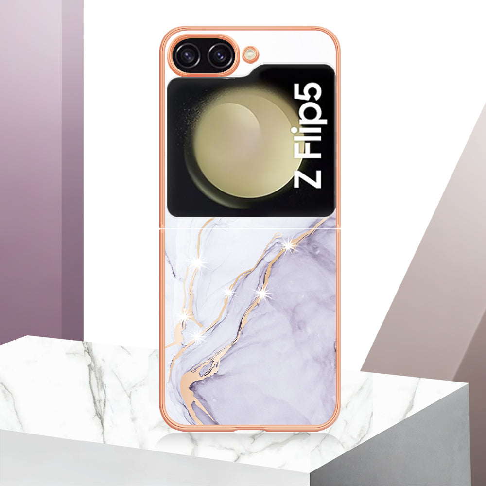 YB IMD Series-2 Electroplated Edge Phone Case for Samsung Galaxy Z Flip5 5G , Soft TPU Marble Pattern IMD Cover
