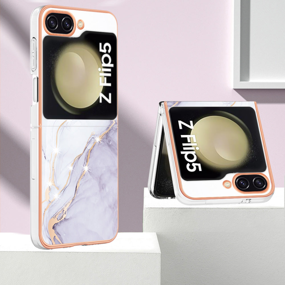 YB IMD Series-2 Electroplated Edge Phone Case for Samsung Galaxy Z Flip5 5G , Soft TPU Marble Pattern IMD Cover