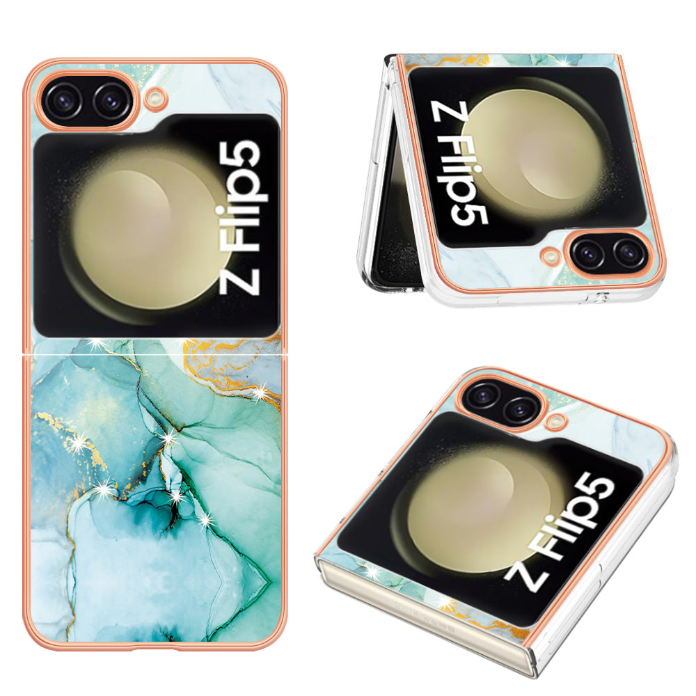YB IMD Series-2 Electroplated Edge Phone Case for Samsung Galaxy Z Flip5 5G , Soft TPU Marble Pattern IMD Cover