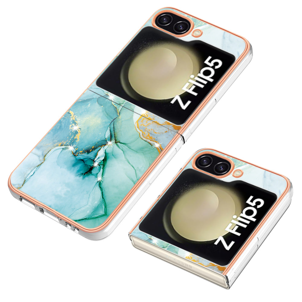 YB IMD Series-2 Electroplated Edge Phone Case for Samsung Galaxy Z Flip5 5G , Soft TPU Marble Pattern IMD Cover
