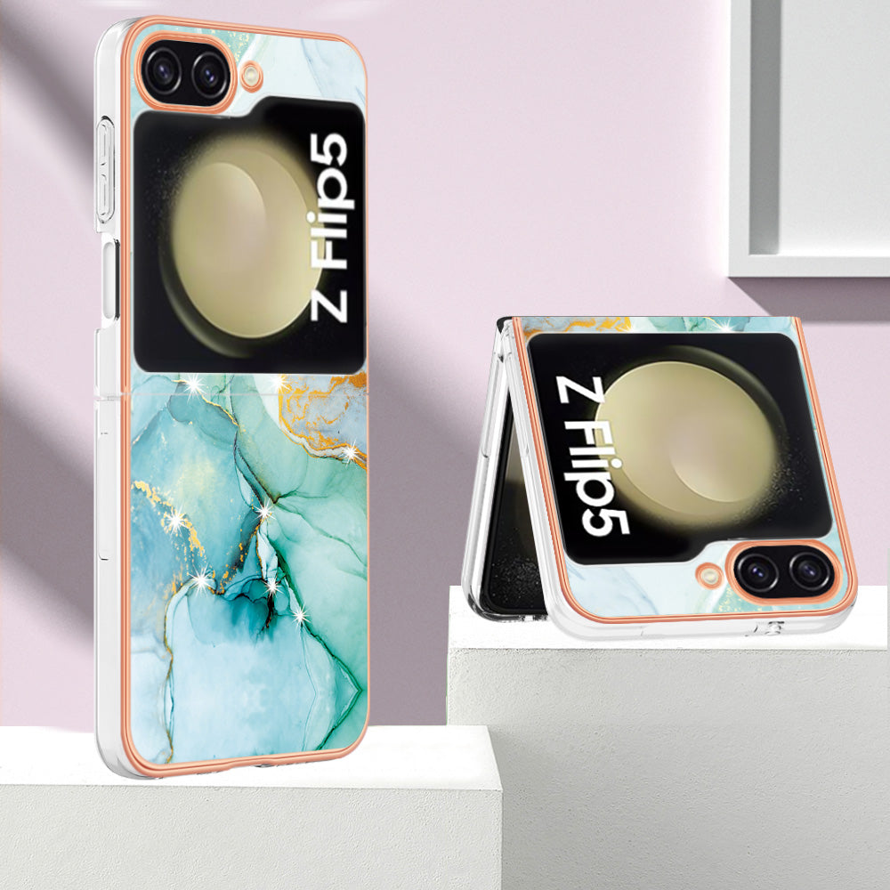 YB IMD Series-2 Electroplated Edge Phone Case for Samsung Galaxy Z Flip5 5G , Soft TPU Marble Pattern IMD Cover