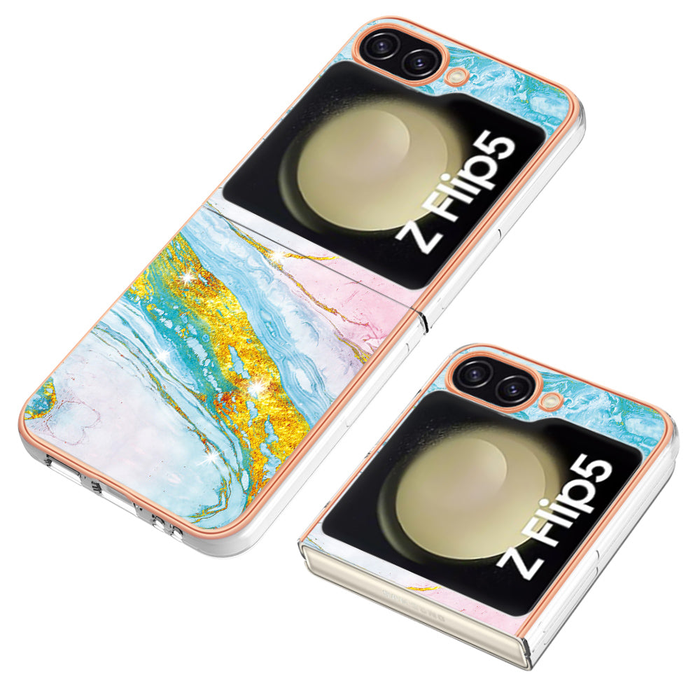 YB IMD Series-2 Electroplated Edge Phone Case for Samsung Galaxy Z Flip5 5G , Soft TPU Marble Pattern IMD Cover