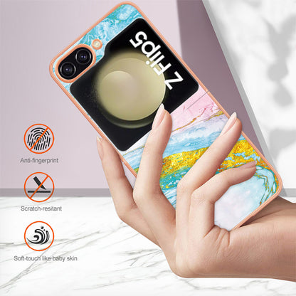 YB IMD Series-2 Electroplated Edge Phone Case for Samsung Galaxy Z Flip5 5G , Soft TPU Marble Pattern IMD Cover