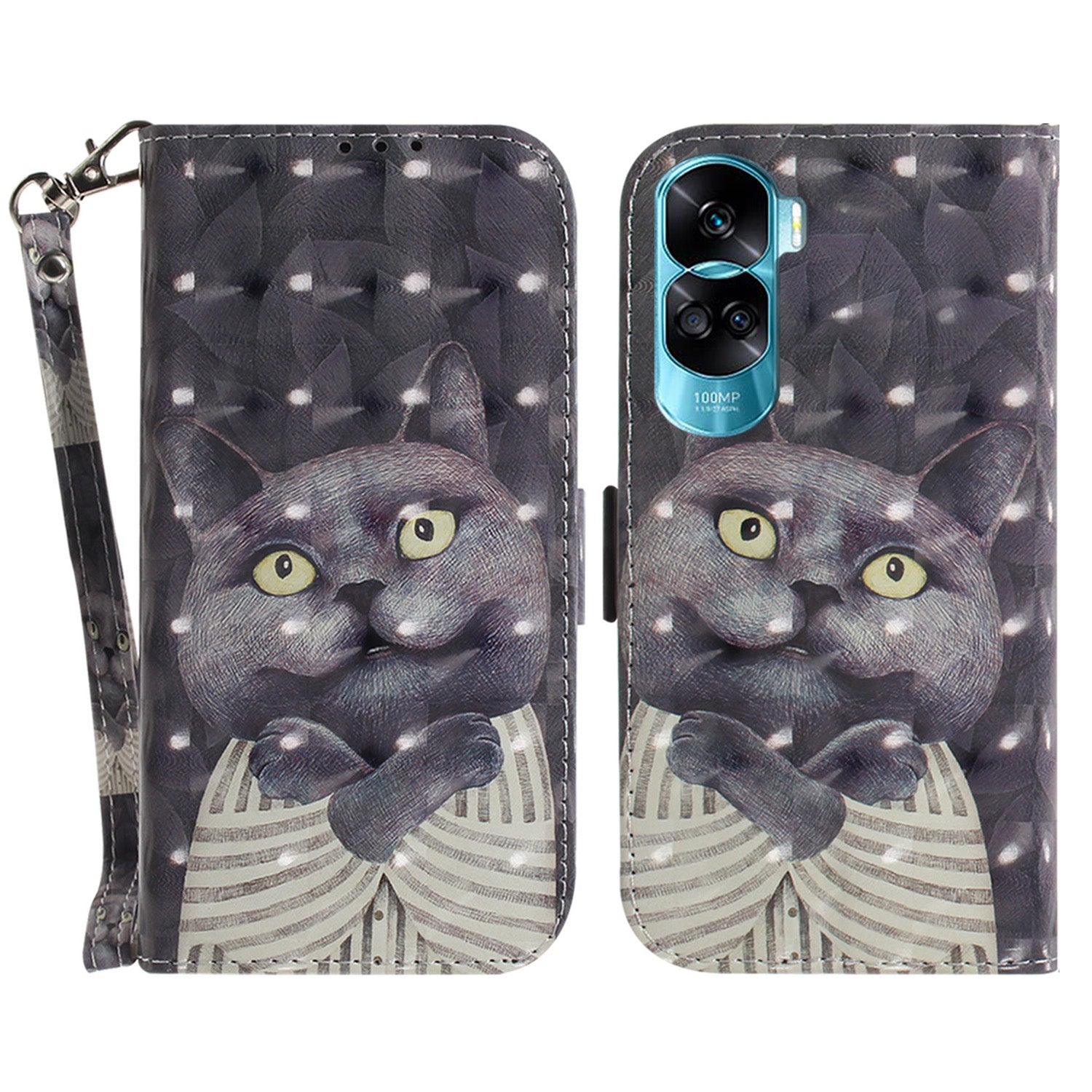 Flip Folio PU Leather Phone Case for Honor 90 Lite 5G / X50i 5G , 3D Pattern Printing Wallet Stand Cover with Strap