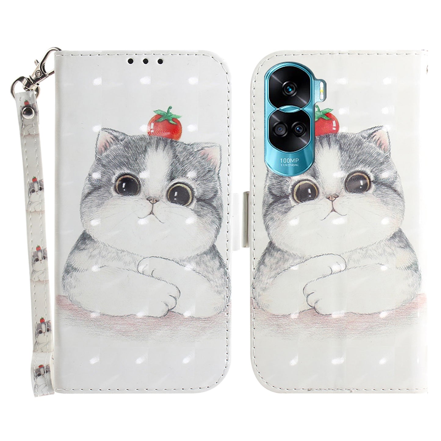 Flip Folio PU Leather Phone Case for Honor 90 Lite 5G / X50i 5G , 3D Pattern Printing Wallet Stand Cover with Strap