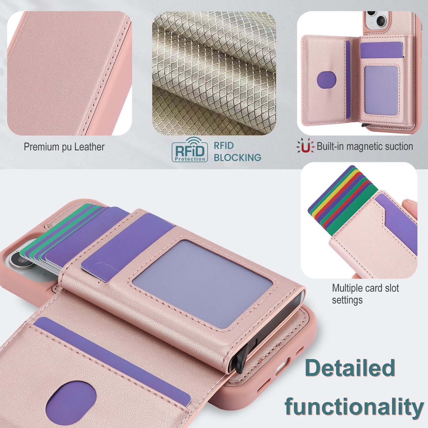 RFID Blocking Phone Cover for iPhone 15 , Kickstand Phone Shell with Detachable Pop-Up Card Case