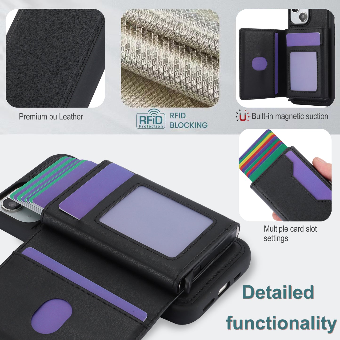 RFID Blocking Phone Cover for iPhone 15 , Kickstand Phone Shell with Detachable Pop-Up Card Case