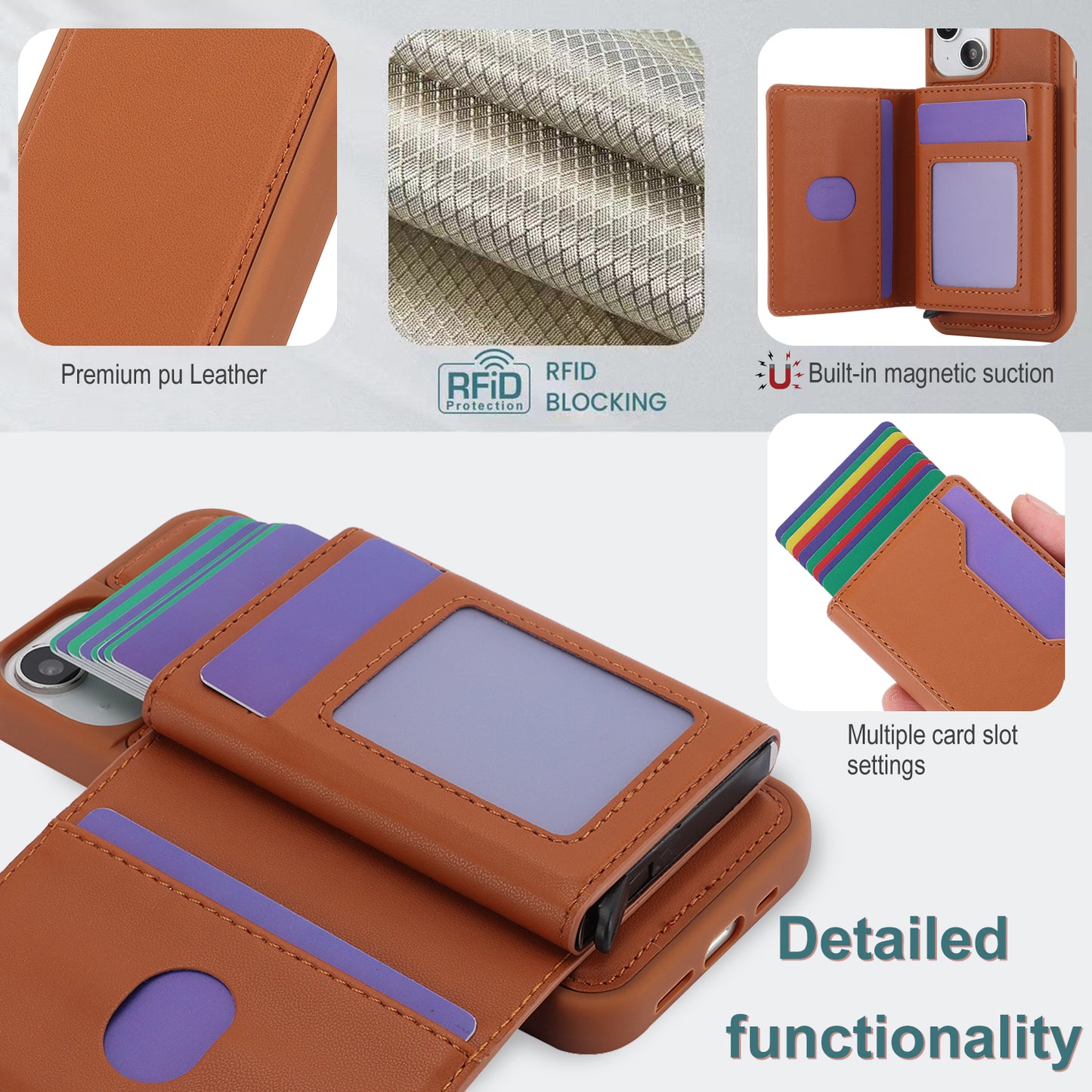 RFID Blocking Phone Cover for iPhone 15 , Kickstand Phone Shell with Detachable Pop-Up Card Case