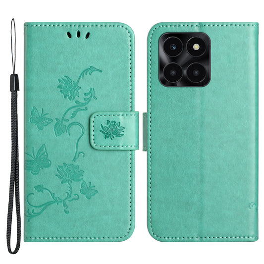 For Honor X6a 4G PU Leather Wallet Phone Case Butterfly Flower Imprinted Stand Cover
