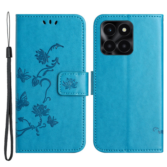 For Honor X6a 4G PU Leather Wallet Phone Case Butterfly Flower Imprinted Stand Cover