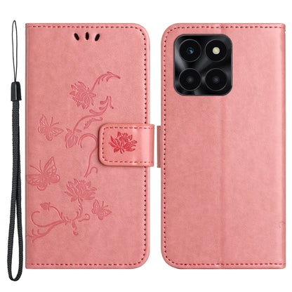 For Honor X6a 4G PU Leather Wallet Phone Case Butterfly Flower Imprinted Stand Cover