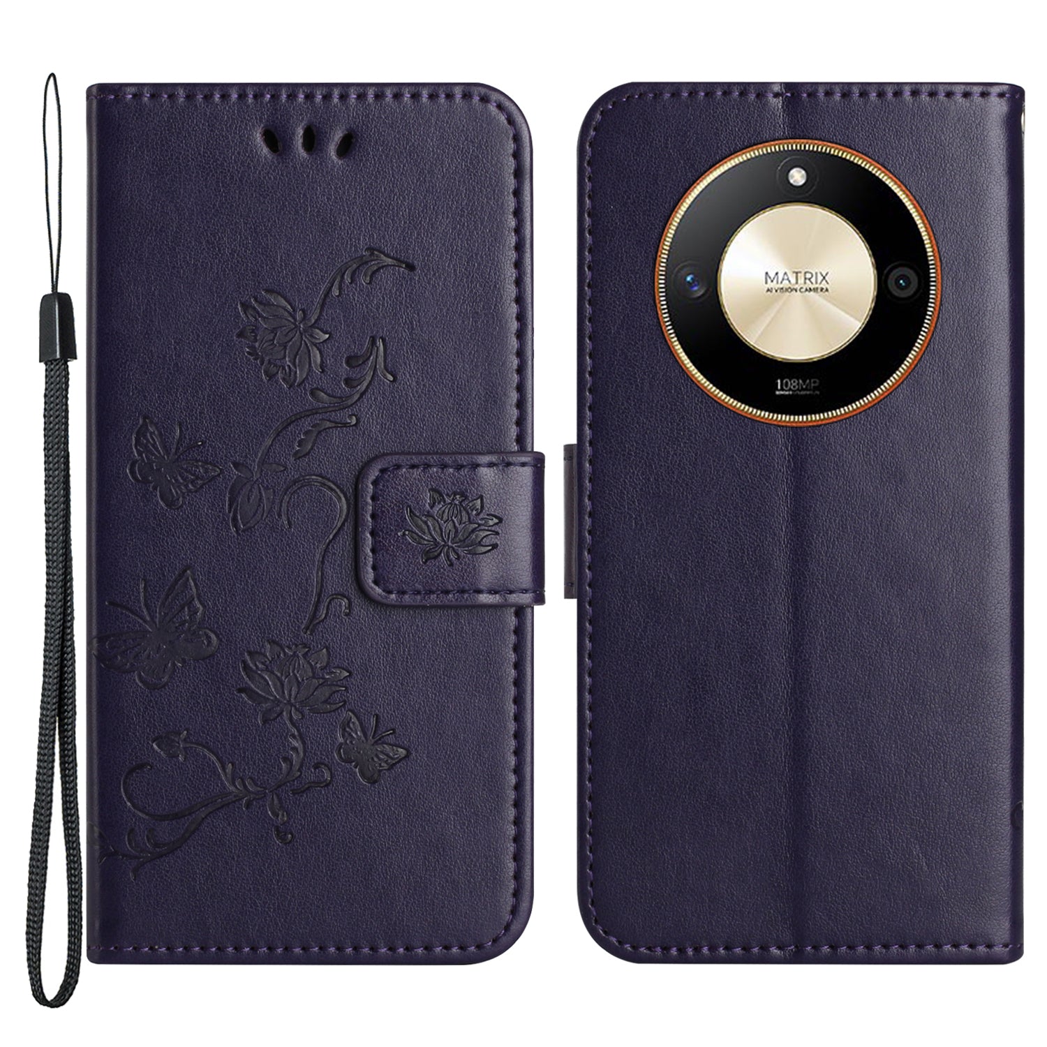 For Honor X50 Butterfly Flower Imprinted Drop-proof Phone Case PU Leather Wallet Stand Cover