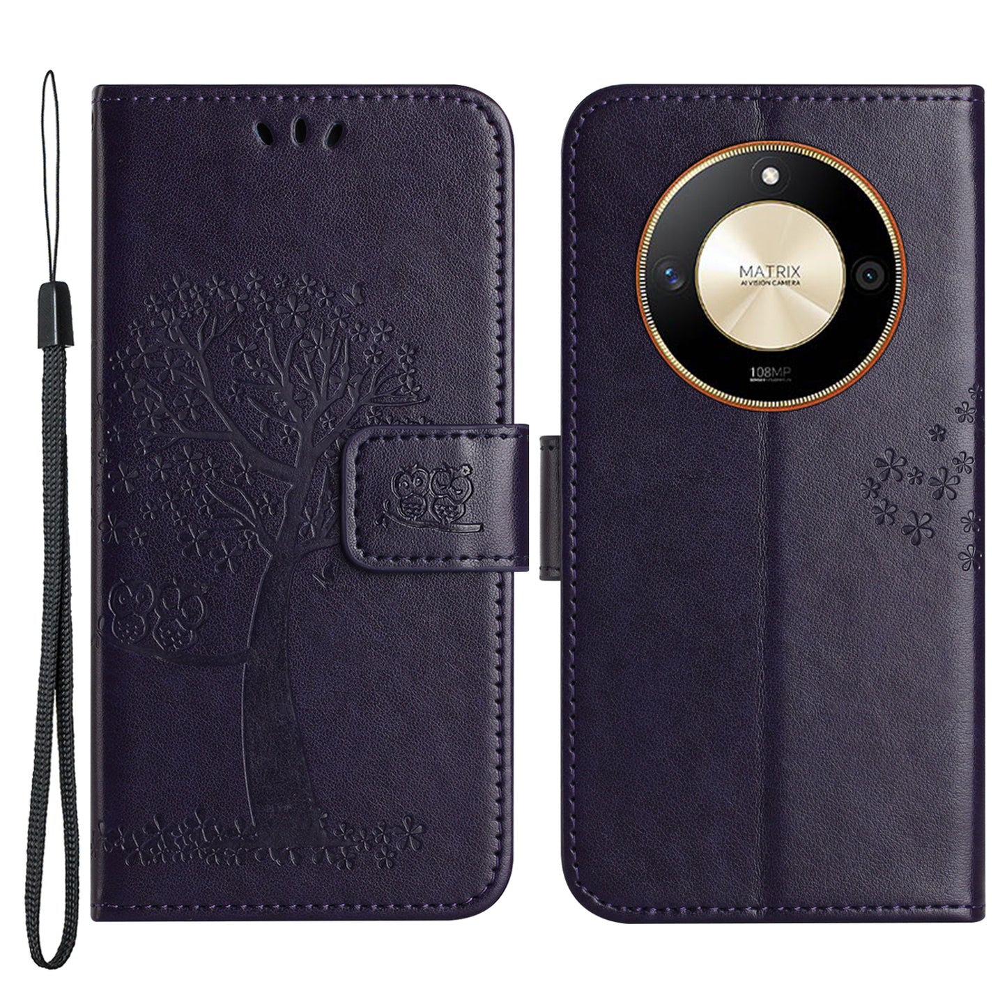 For Honor X50 Owl Tree Imprinted Phone Case PU Leather Wallet Stand Drop-proof Cover