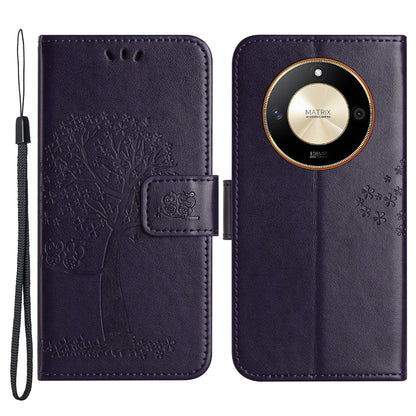 For Honor X50 Owl Tree Imprinted Phone Case PU Leather Wallet Stand Drop-proof Cover