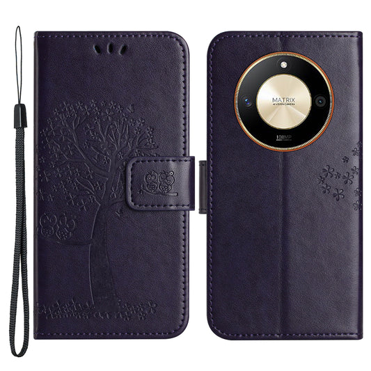 For Honor X50 Owl Tree Imprinted Phone Case PU Leather Wallet Stand Drop-proof Cover